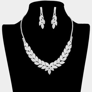 Silver Vine Collar Marquise Rhinestone Crystal Necklace Jewelry Set Formal Bling